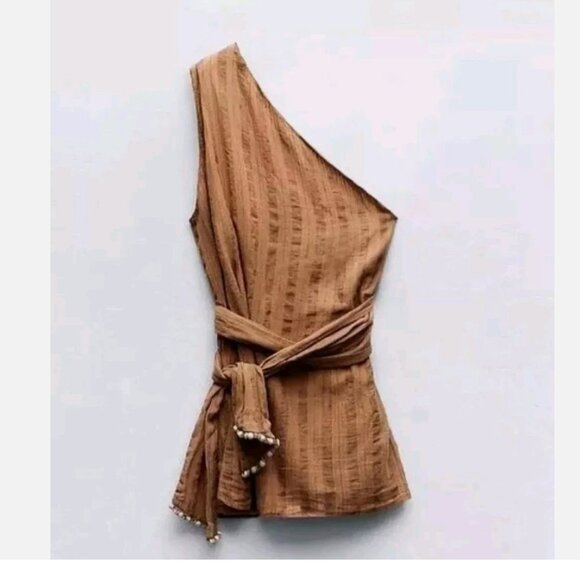 ZARA One Shoulder Striped Beaded Dress Top Shirt Brown NEW 100% Cotton M - Picture 2 of 5